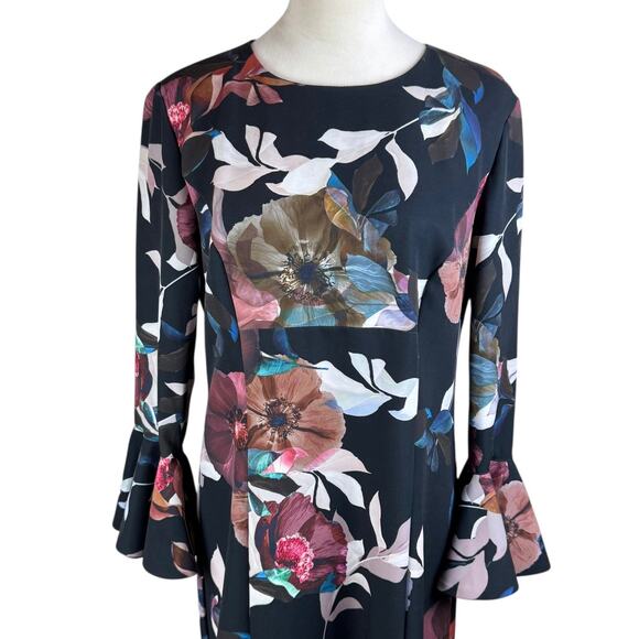 Trina Turk Panache 2 Faye Black Floral Flounce Bell Sleeve Cocktail Shift Dress - Picture 6 of 13
